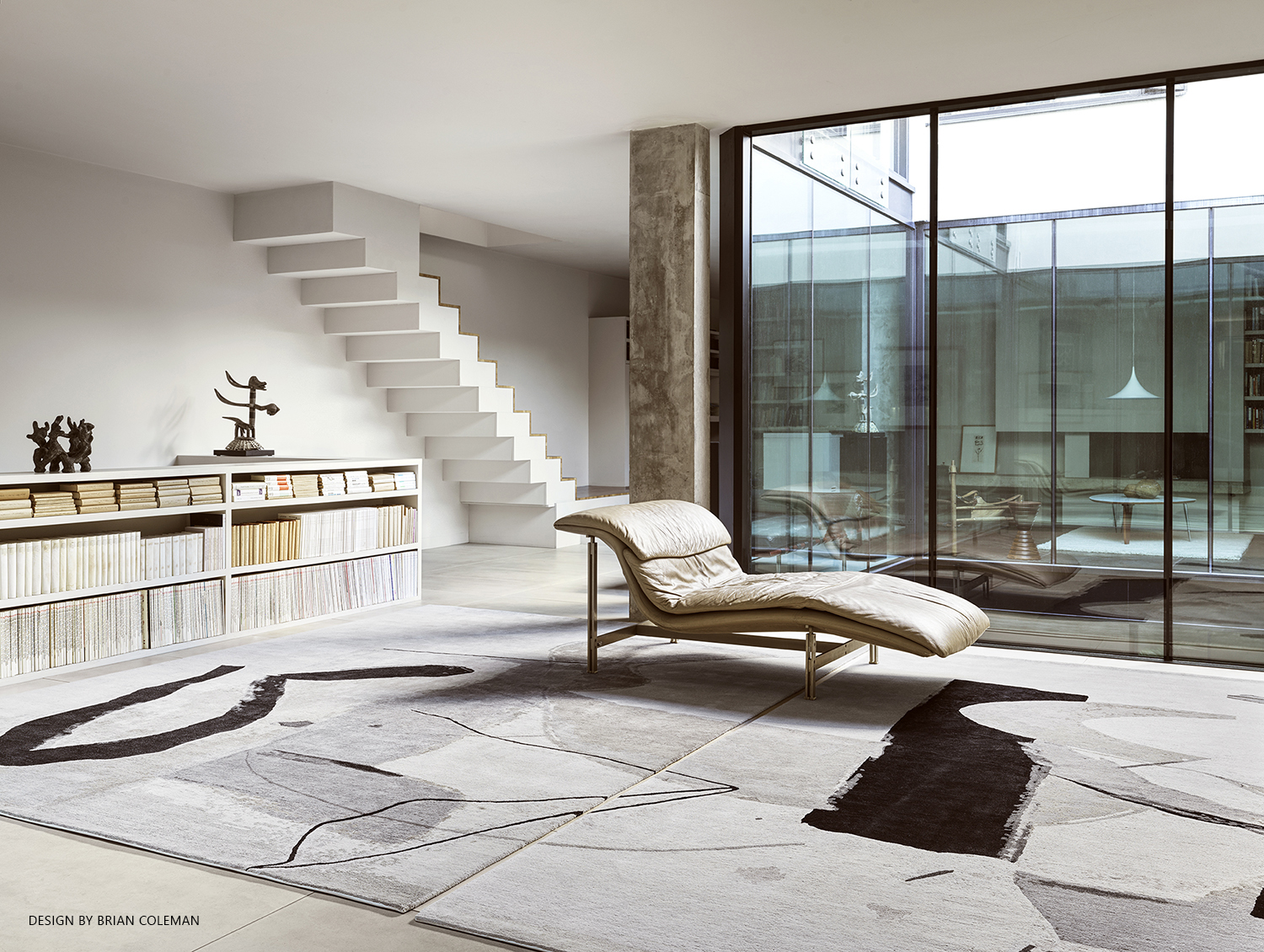 Hand-knotted Tibetan wool rug in a serene, minimalist meditation space with symbolic motifs and natural textures